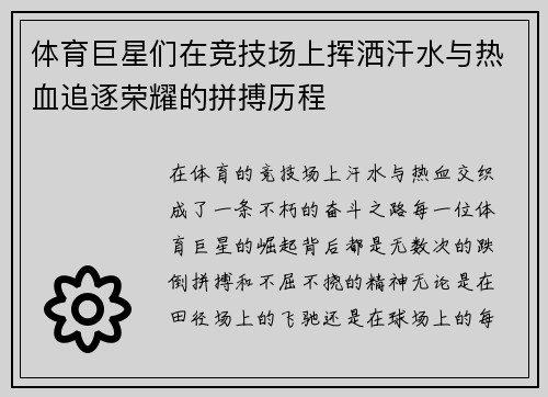 体育巨星们在竞技场上挥洒汗水与热血追逐荣耀的拼搏历程