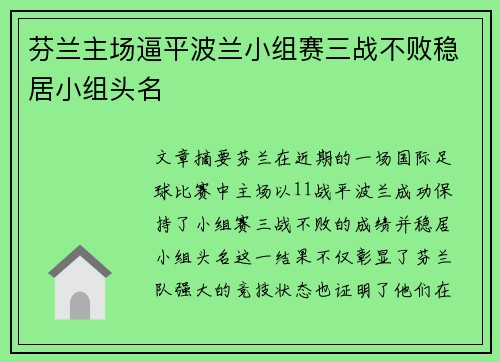 芬兰主场逼平波兰小组赛三战不败稳居小组头名