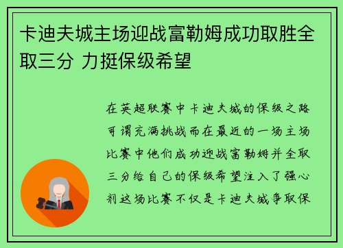 卡迪夫城主场迎战富勒姆成功取胜全取三分 力挺保级希望